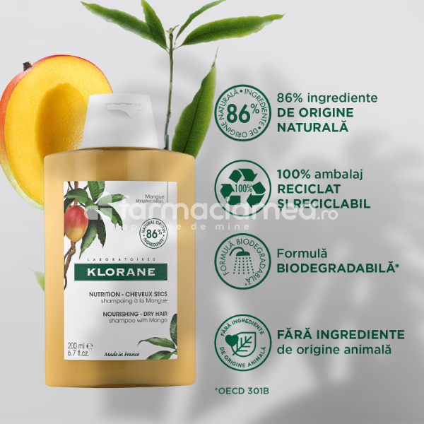 Îngrijire scalp - Klorane Sampon Mango pentru par uscat, 200ml, farmaciamea.ro