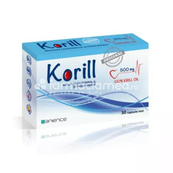 Afecțiuni cardio și colesterol - Korill ulei pur de krill, 500 mg, menținerea funcției cognitive, 30 capsule, Sanience, farmaciamea.ro
