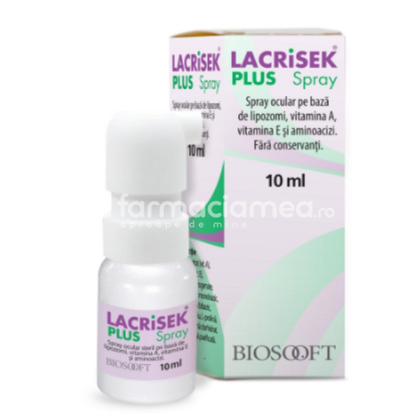 Produse oftalmologice - Lacrisek plus spray, contine vitamina A, vitamina E si lipozomi, recomandat in tratarea sindromului de ochi uscati, calmeaza senzatia de arsura si prurit ocular, 10ml, Biosooft, farmaciamea.ro