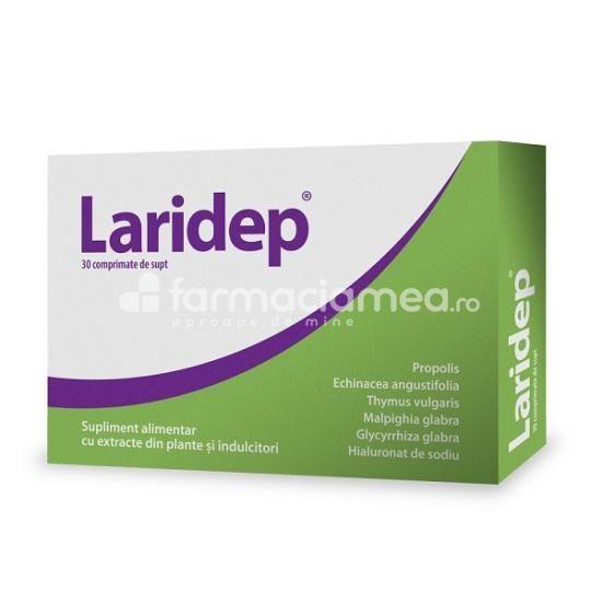 Durere gât - Laridep, recomandat in tratarea durerii in gat, reduce inflamatia, calmeaza durerea si senzatia de uscaciune, inhiba multiplicarea virusurilor, 30 comprimate de supt, Dr. Phyto, farmaciamea.ro