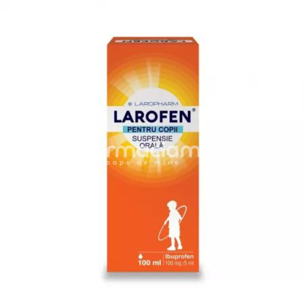 Durere OTC - Larofen pentru copii, contine ibuprofen 100 mg/ 5 ml suspensie orală, pentru febra si raceala, 100 ml, Laropharm, farmaciamea.ro