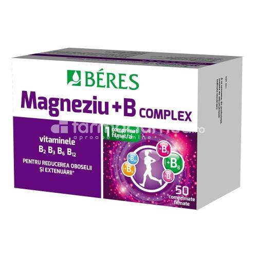 Minerale și vitamine - Magneziu 250 mg B complex, contine magneziu si vitaminele B1, B2, B3, B6, B12, recomandat in perioadele de stres si oboseala, contribuie la reducerea starii de oboseala si extenuare, contribuie la mentinerea sanatatii psihice, 50 comprimate filmate, , farmaciamea.ro