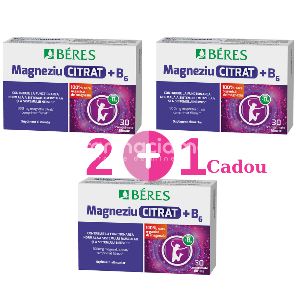 Minerale și vitamine - Magneziu Citrat + B6, comprimate filmate, Pachet 2+1Cadou, Beres, farmaciamea.ro