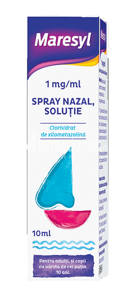 Decongestionant nazal OTC - Maresyl 1 mg/ml spray nazal solutie, contine clorhidrat de xilometazolina, cu efect decongestionant, indicat in rinita alergica si sinuzita, de la 10 ani, flacon 10ml, Dr. Reddy's, farmaciamea.ro