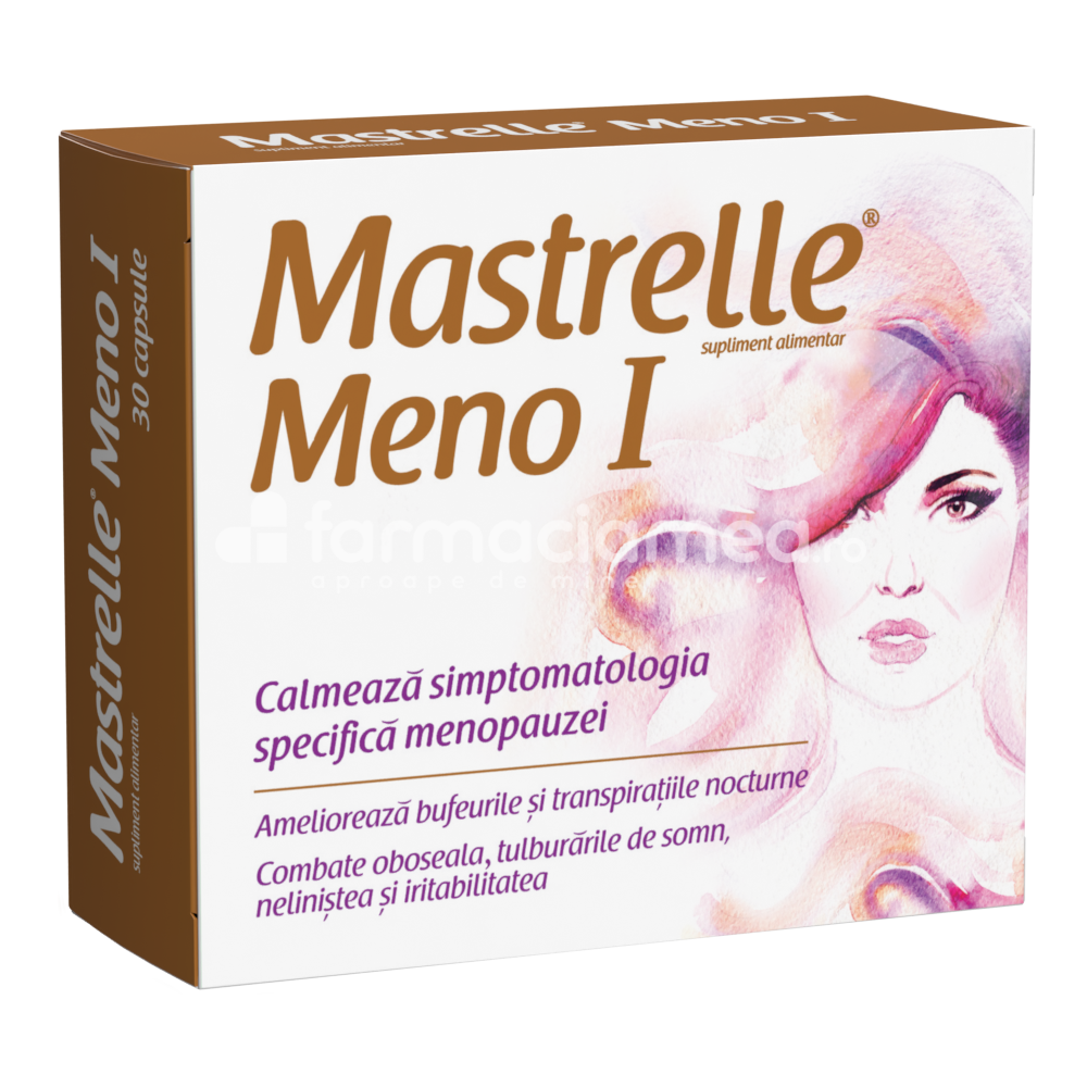 Menopauză - Mastrelle Meno I, recomandat in tratarea simptomelor menopauzei, amelioreaza anxietatea, stresul si starile emotionale negative, combate bufeurile si transipariite nocturne, 30 de capsule, Fiterman Pharma, farmaciamea.ro