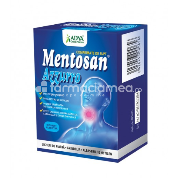 Sănătatea aparatului respirator - Mentosan Azzuro, pentru sinusuri, 21 comprimate masticabile, Adya Green, farmaciamea.ro