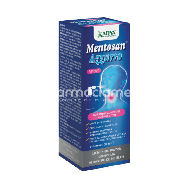 Afecțiuni ale aparatului respirator - Mentosan Azzuro Spray pentru durere de gat, 50 ml Adya Green Pharma, farmaciamea.ro