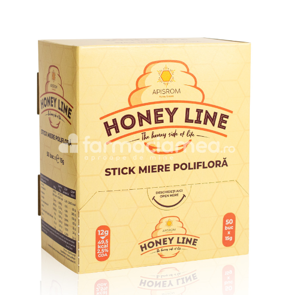 Alimente și băuturi - Miere albine poliflora stick 12g, 50 stick-uri, Apisrom, farmaciamea.ro