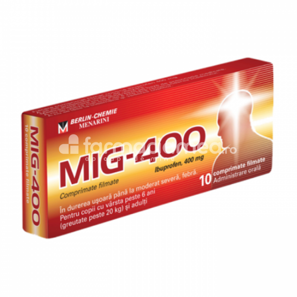Durere OTC - Mig 400, contine ibuprofen, cu efect antiinflamator, analgezic si antipiretic, indicat in tratamentul simptomatic al dureriilor usoare pana la moderate, cum sunt cefaleea, dureri menstruale, dureri dentare si dureri asociare cu raceala, de la 6 ani,, farmaciamea.ro