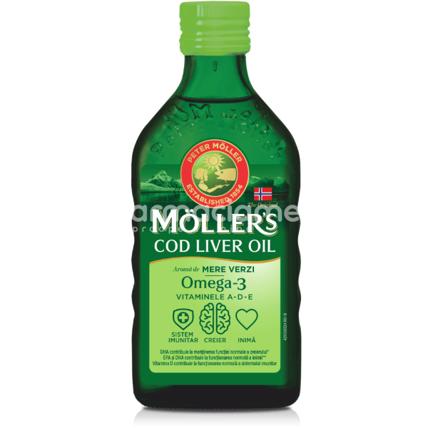 Imunitate copii - Moller's Cod Liver Oil Omega 3 Mere Verzi, 250 ml, farmaciamea.ro