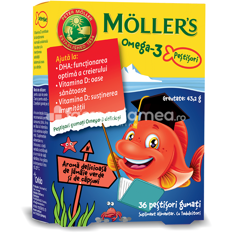 Vitamine și minerale copii - Moller's Omega 3 Pestisori Lamaie Verde si Capsune x 36 jeleuri, farmaciamea.ro