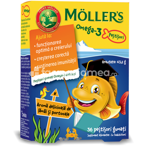 Vitamine și minerale copii - Pestisori gumati cu Omega-3 si aroma de lamai si portocale, 36 jeleuri, Moller's, farmaciamea.ro