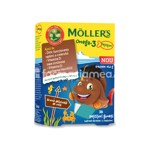 Vitamine și minerale copii - Pestisori gumati cu Omega-3 si aroma de cola, 36 jeleuri, Moller's, farmaciamea.ro