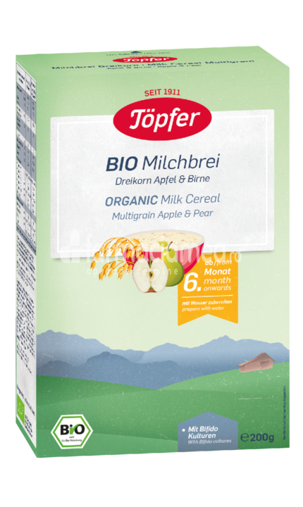 Cereale - Multicereale Bio cu lapte, fructe, mere și pere, de la 6 luni, 175 g, Topfer, farmaciamea.ro