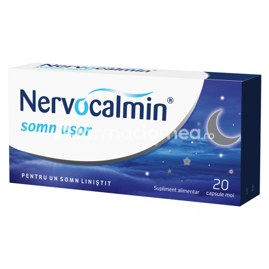 Calmare și somn liniștit - Nervocalmin somn usor, melatonina, extract de valeriana, imbunatatateste calitatea somnului, 20 de capsule, Biofarm, farmaciamea.ro