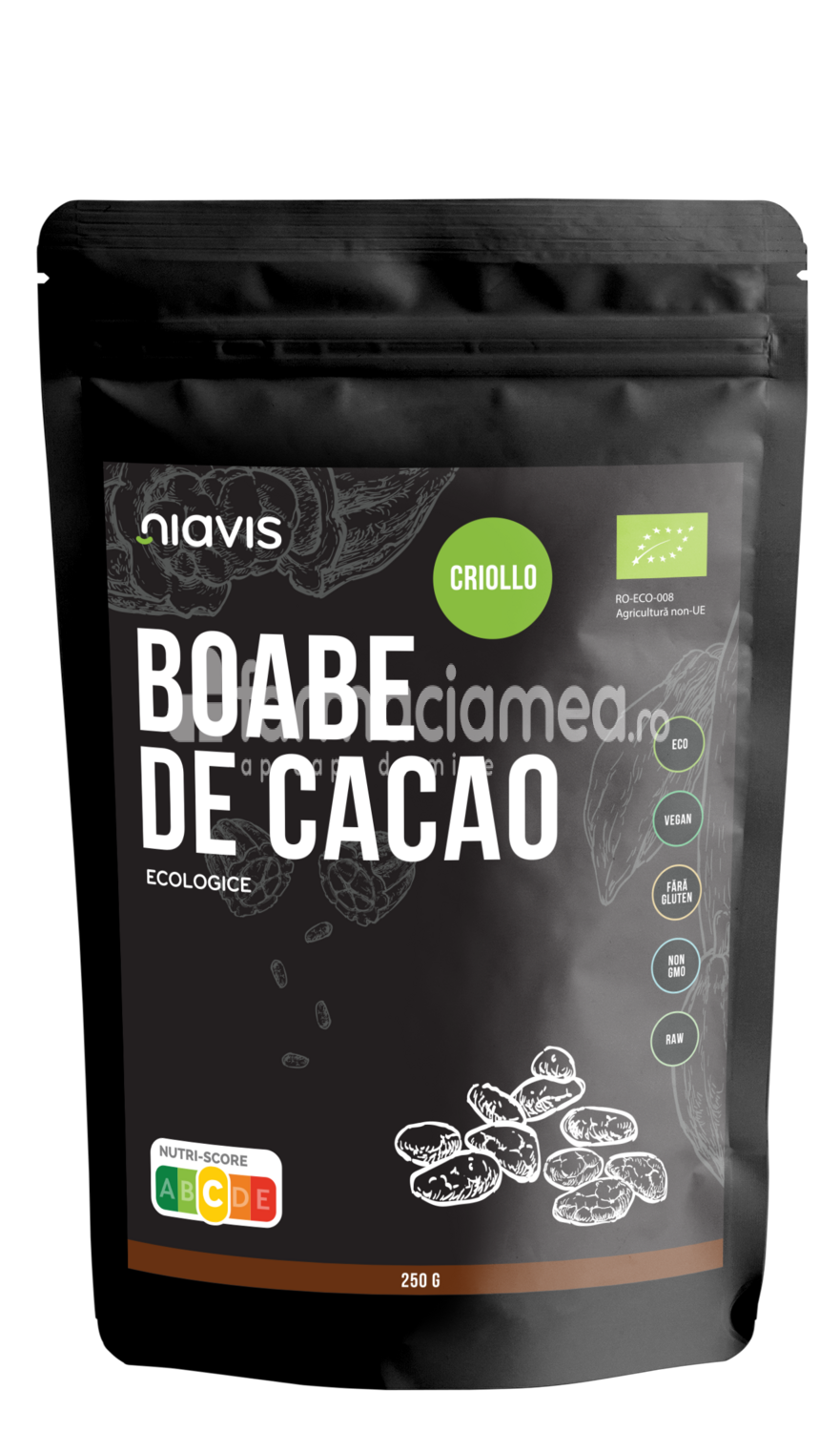Alimente și băuturi - Niavis Boabe de cacao intregi ecologica Bio, 250 g, farmaciamea.ro