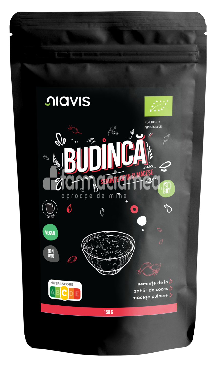 Alimente și băuturi - Niavis Budinca instant cu seminte de in si macese ecologica Bio, 150g, farmaciamea.ro