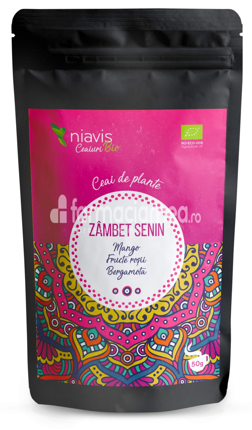 Ceaiuri - Niavis Ceai ecologic Bio "Zambet senin", aroma de mango, fructe rosii si bergamota, 50 g, farmaciamea.ro
