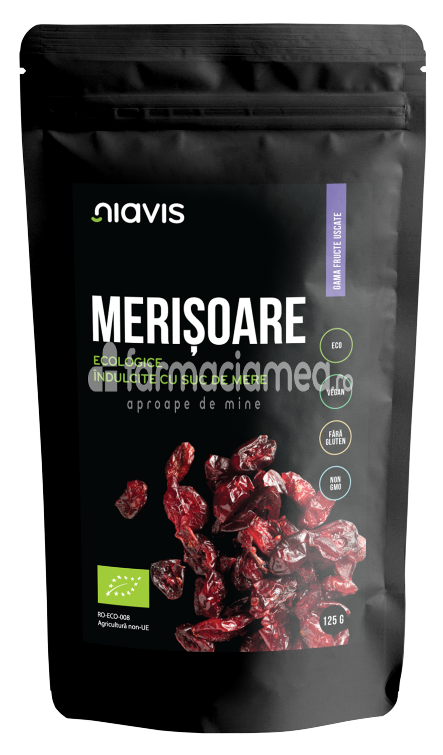 Alimente și băuturi - Niavis Merisoare ecologice Bio,  indulcite cu suc de mere , 125 g, farmaciamea.ro