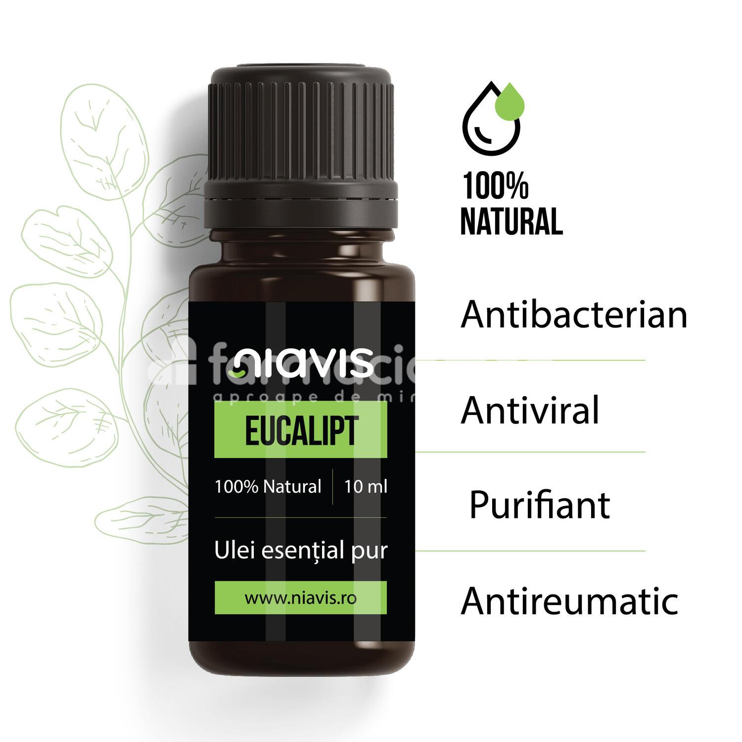 Uleiuri esențiale - Niavis Ulei esential de eucalipt, efect antiseptic, antibacterian, antiviral, antireumatic, purifiant, 10 ml, farmaciamea.ro