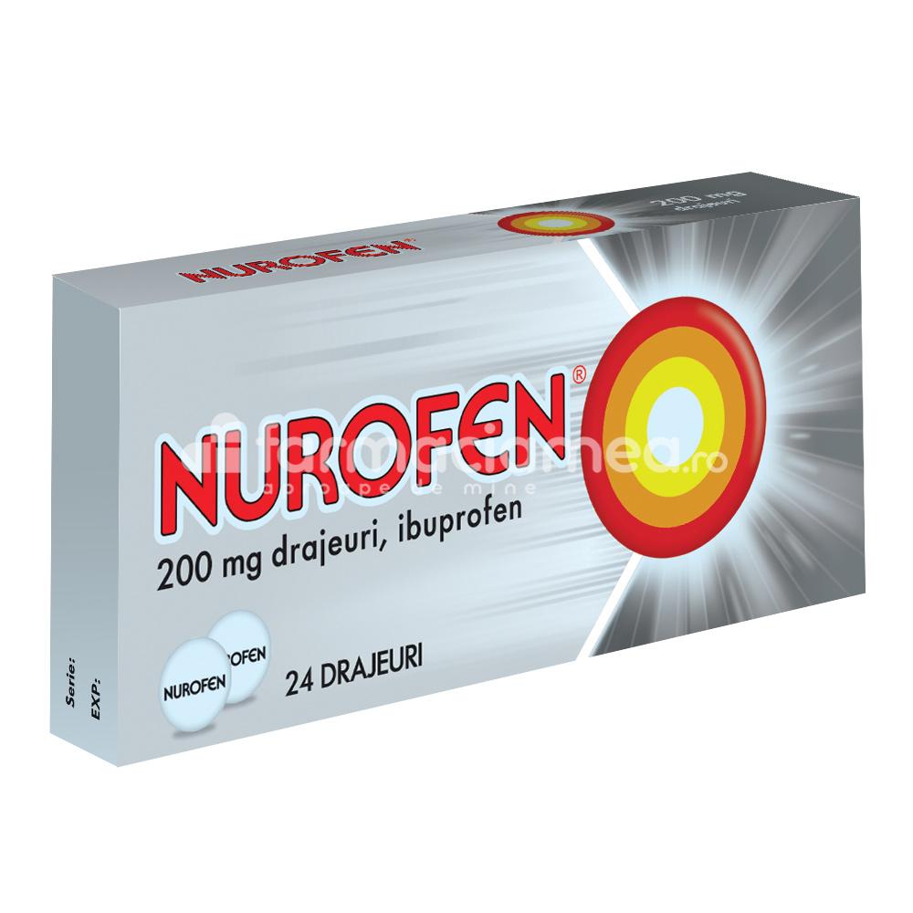 Durere OTC - Nurofen 200mg, contine ibuprofen, cu efect analgezic, antiinflamator si antipiretic, indicat in cefalee, dureri menstruale, dureri de dinti, febra si raceala, de la 12 ani, 24 drajeuri, Reckitt, farmaciamea.ro
