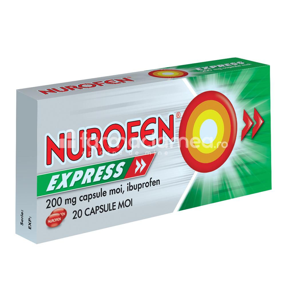 Durere OTC - Nurofen express 200mg, contine ibuprofen, cu efect analgezic, antiinflamator si antipiretic, indicat in cefalee, dureri menstruale, dureri de dinti, febra si raceala, de la 12 ani, 20 capsule moi, Reckitt, farmaciamea.ro