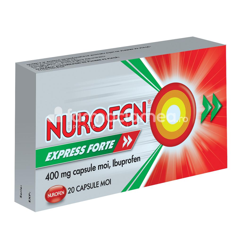 Durere OTC - Nurofen Express forte 400mg, contine ibuprofen, cu efect analgezic, antiinflamator si antipiretic, indicat in cefalee, dureri menstruale, dureri de dinti, febra si raceala, de la 12 ani, 20 capsule moi, Reckitt, farmaciamea.ro
