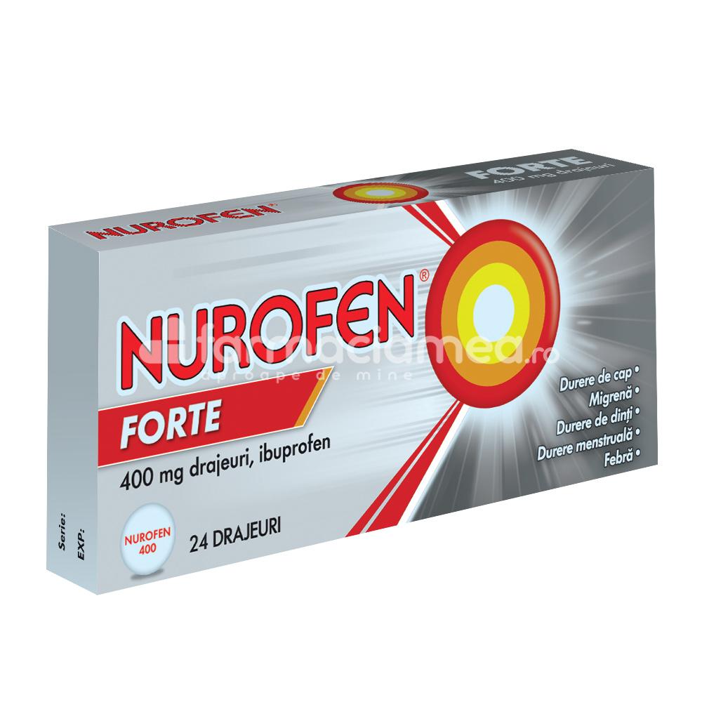 Durere OTC - Nurofen Forte 400mg, contine ibuprofen, cu efect analgezic, antiinflamator si antipiretic, indicat in cefalee, dureri menstruale, dureri de dinti, febra si raceala, de la 12 ani, 24 drajeuri, Reckitt, farmaciamea.ro