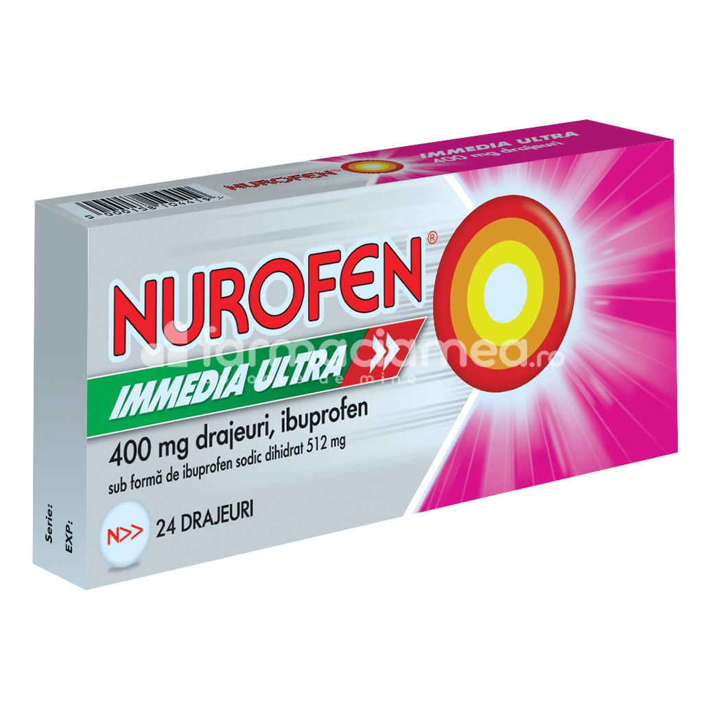 Durere OTC - Nurofen Immedia Ultra 400mg, contine ibuprofen sodic dihidrat, care se absoarbe rapid, cu efect analgezic, antiinflamator si antipiretic, indicat in cefalee, dureri menstruale, dureri de dinti, febra si raceala, de la 12 ani, 24 drajeuri, Reckitt, farmaciamea.ro