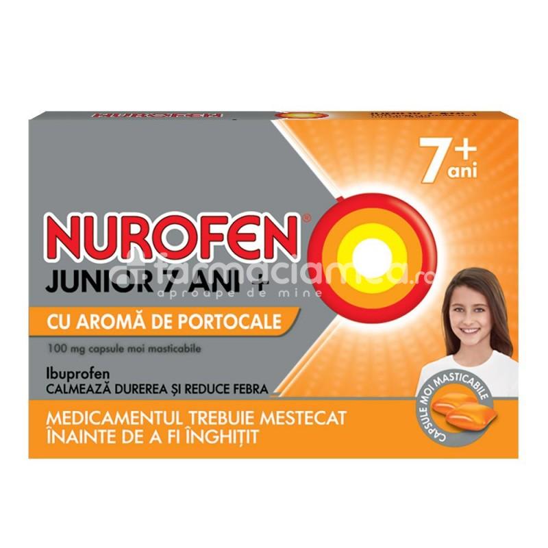 Durere OTC - Nurofen Junior 7+ portocale 100 mg, contine ibuprofen, cu efect analgezic, antiinflamator si antipiretic, indicat in durere in gat, dureri de dinti, febra si raceala, durere de ureche, durere de cap, luxatii, de la 7 ani, 24 capsule masticabile, Reck, farmaciamea.ro