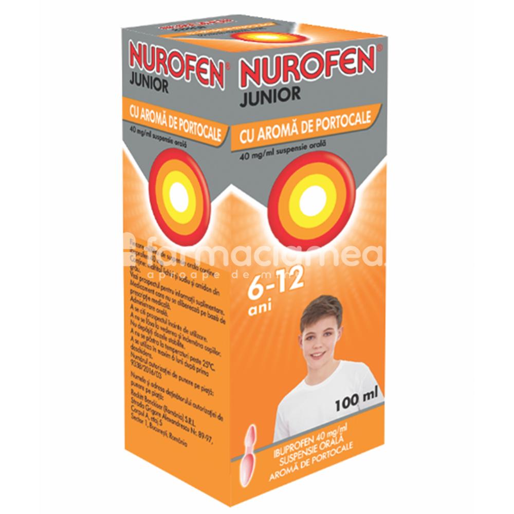 Durere OTC - Nurofen Junior suspensie orala 6-12 ani cu aroma portocale, contine ibuprofen, cu efect analgezic, antiinflamator si antipiretic, indicat in durere in gat, dureri de dinti, febra si raceala, durere de ureche, durere de cap, luxatii, de la 6 ani, flac, farmaciamea.ro