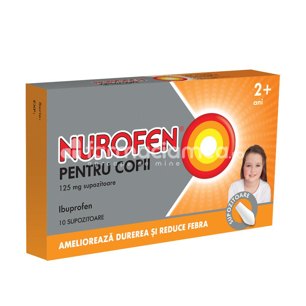 Durere OTC - Nurofen pentru copii 125 mg, contine ibuprofen, cu efect analgezic, antiinflamator si antipiretic, indicat in durere in gat, dureri de dinti, febra si raceala, durere de ureche, durere de cap, luxatii, de la 2 ani, 10 supozitoare, Reckitt, farmaciamea.ro