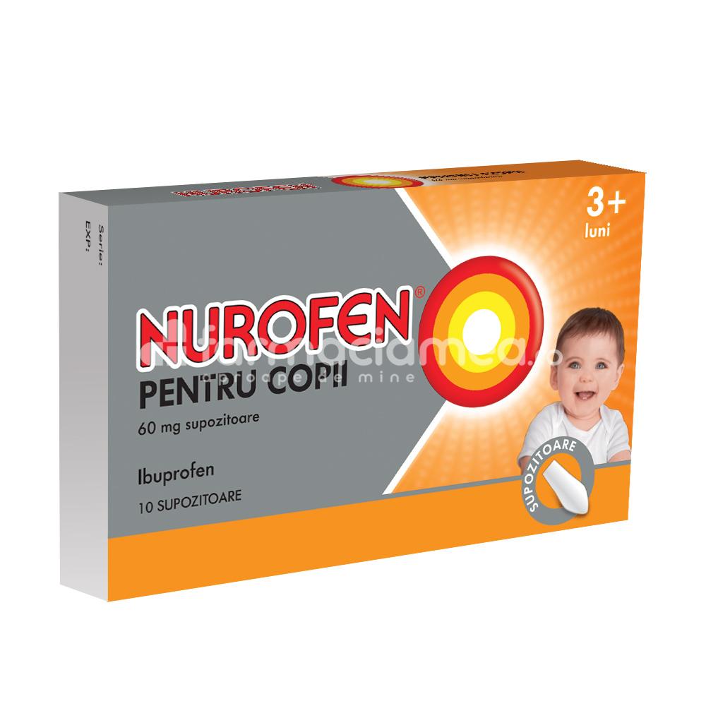 Durere OTC - Nurofen pentru copii 60 mg, contine ibuprofen, cu efect analgezic, antiinflamator si antipiretic, indicat in durere in gat, dureri de dinti, febra si raceala, durere de ureche, durere de cap, luxatii, de la 3 luni, 10 supozitoare, Reckitt, farmaciamea.ro