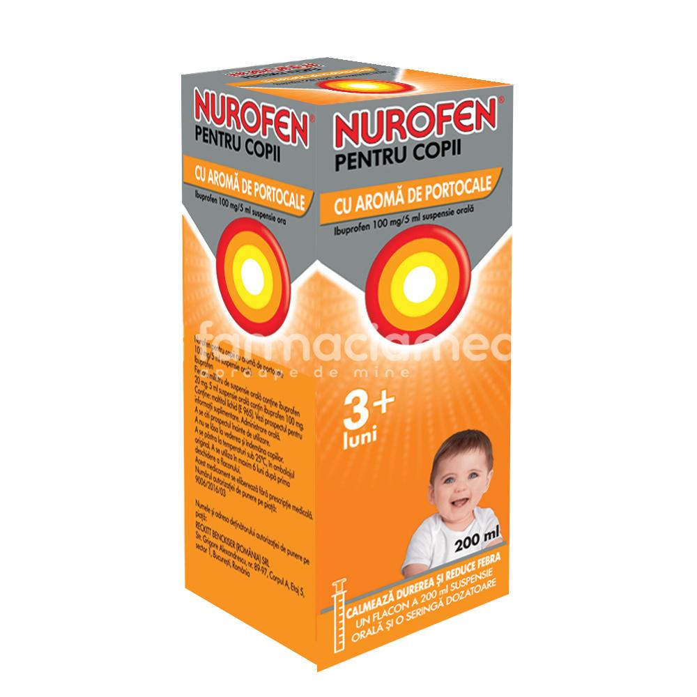 Durere OTC - Nurofen pentru copii suspensie orala 3luni+ cu aroma portocale, contine ibuprofen, cu efect analgezic, antiinflamator si antipiretic, indicat in durere in gat, dureri de dinti, febra si raceala, durere de ureche, durere de cap, luxatii, de la 3 luni,, farmaciamea.ro