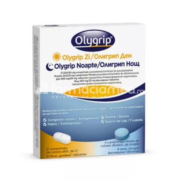 Răceală și gripă OTC - Olygrip Zi 500/60mg +Olygrip Noapte 500/25mg, 500/25mg, 12 comprimate + 4 comprimate filmate, McNeil, farmaciamea.ro