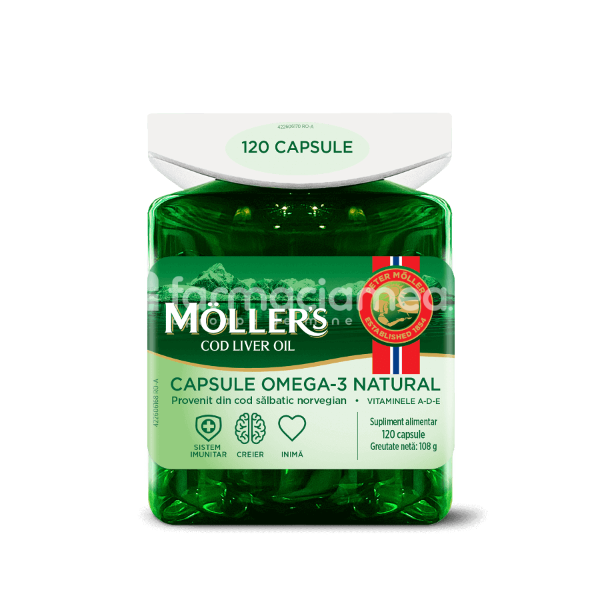 Minerale și vitamine - Omega 3, ulei de peste din ficat de cod, 120 capsule, Moller's, farmaciamea.ro
