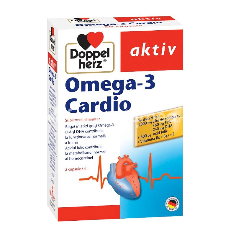 Afecțiuni cardio și colesterol - Omega 3 Cardio, sustine sanatatea inimii, reduce riscul de infract miocardic si amelioreaza simptomele poliartritei reumatoidale, 60 capsule, Doppelherz, farmaciamea.ro