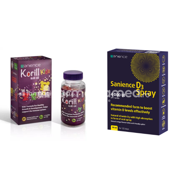 Minerale și vitamine - Pachet Korill Kids, 30 jeleuri si Sanience D3 spray 4000 UI, 50ml, Sanience, farmaciamea.ro