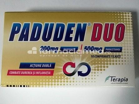Durere OTC - Paduden Duo 200mg/500mg, contine ibuprofen si paracetamol, cu efect analgezic, antiinflamator si antipiretic, indicat in durere de spate, migrena, durere de dinti, durere de cap, dureri menstruale, durere in gat, febra, raceala si gripa, de la 18 ani, farmaciamea.ro