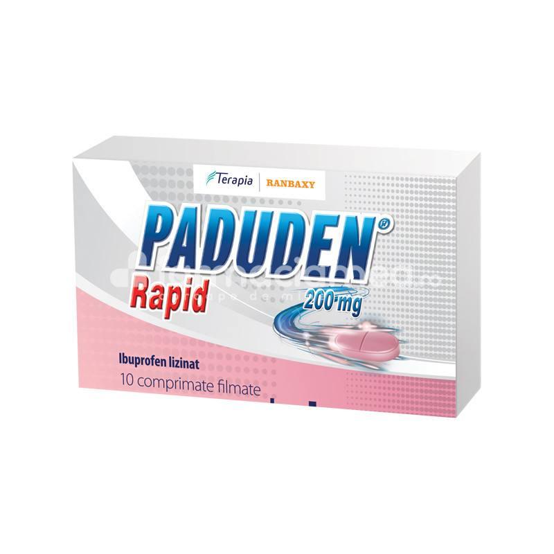 Durere OTC - Paduden Rapid 200mg, contine ibuprofen, cu efect analgezic, antiinflamator si antipiretic, indicat in tratamentul migrenei, durerilor de cap, dureri de spate, nevralgii, durerilor menstruale, dureri reumatice, dureri musculare, febra, raceala si grip, farmaciamea.ro