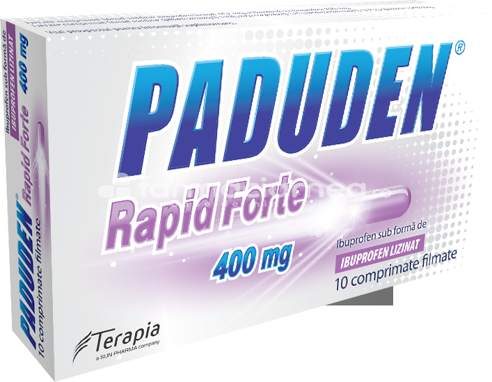 Durere OTC - Paduden Rapid Forte 400mg, contine ibuprofen, cu efect analgezic, antiinflamator si antipiretic, indicat in tratamentul migrenei, durerilor de cap, dureri de spate, nevralgii, durerilor menstruale, dureri reumatice, dureri musculare, febra, raceala s, farmaciamea.ro