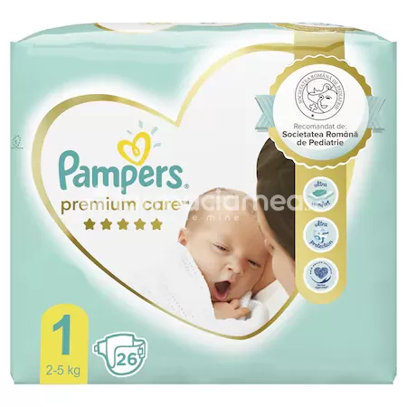 Scutece și aleze - PAMPERS 1 Premium Care Newborn 2-5kg, 26buc, farmaciamea.ro
