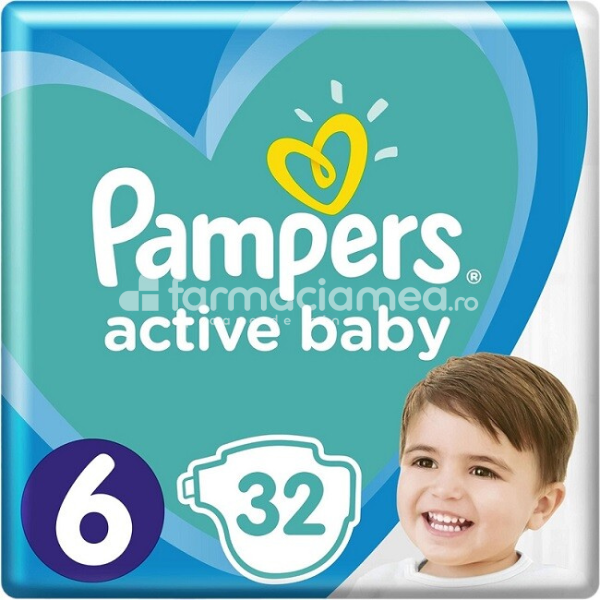 Scutece și aleze - Pampers 6 Active Baby 13-18 kg, 32 bucati, farmaciamea.ro