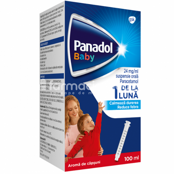 Durere OTC - Panadol Baby 24 mg/ml suspensie orala de capsuni, contine paracetamol, cu efect analgezic si antipiretic, indicat in ameliorarea durerii si febrei, de la 1 luna, flacon 100 ml, Gsk, farmaciamea.ro