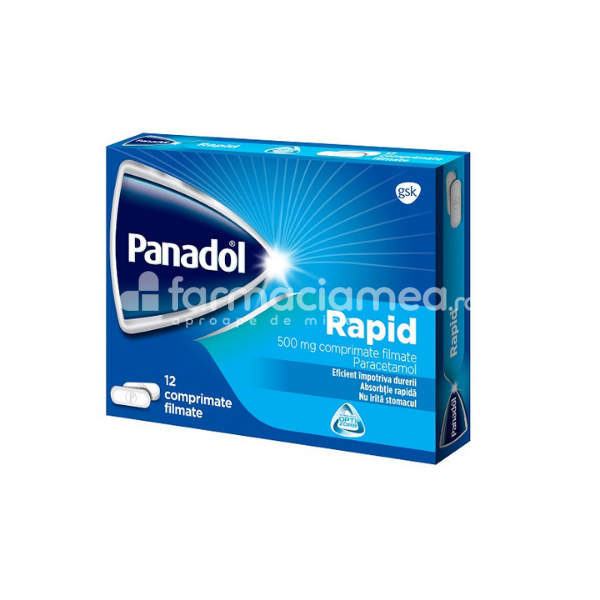 Durere OTC - Panadol Rapid, contine paracetamol, cu efect antipiretic si analgezic, indicat in dureri de cap, migrene, dureri de spate, dureri de dinti, dureri reumatismale, dureri musculare, dureri menstruale si febra, de la 6 ani, 12 comprimate, Gsk, farmaciamea.ro