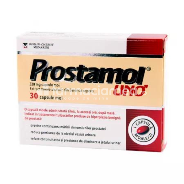 Afecţiuni genito-urinare OTC - Prostamol Uno, contine extract din Serenoa repens, indicat in tulburari de mictiune in adenomul de prostata, 30 de capsule moi, Berlin Chemie, farmaciamea.ro