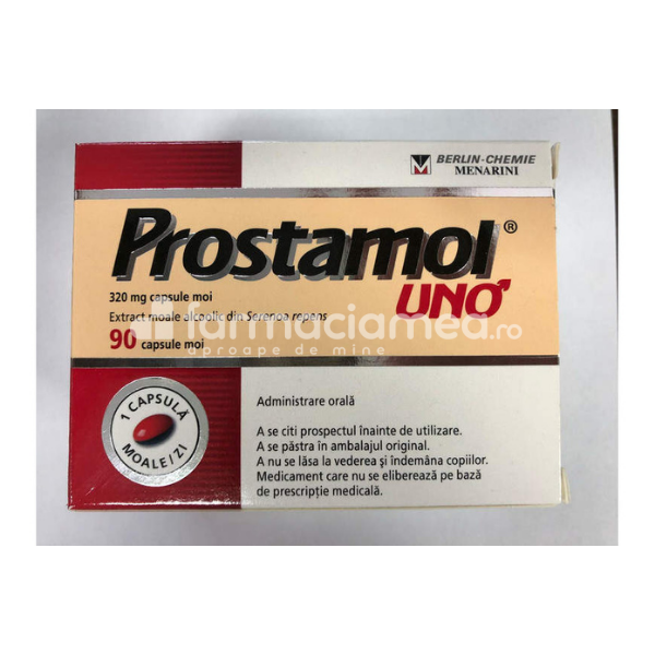Afecţiuni genito-urinare OTC - Prostamol Uno, contine extract din Serenoa repens, indicat in tulburari de mictiune in adenomul de prostata, 90 de capsule, Berlin Chemie, farmaciamea.ro