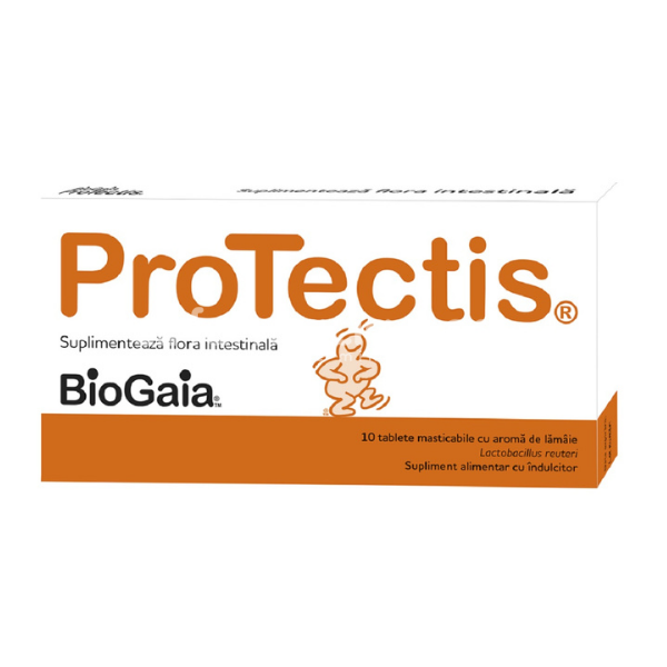 Probiotice - Protectis cu aroma de lamaie, probiotic, contribuie la refacerea si mentinerea echilibrului florei intestinale, de la 3 ani, 10 tablete masticabile, BioGaia, farmaciamea.ro