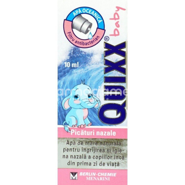 Decongestionant nazal - Quixx Baby picaturi nazale, curata, hidrateaza si desfunda nasul, de la nastere, 10 ml, Berlin-Chemie, farmaciamea.ro