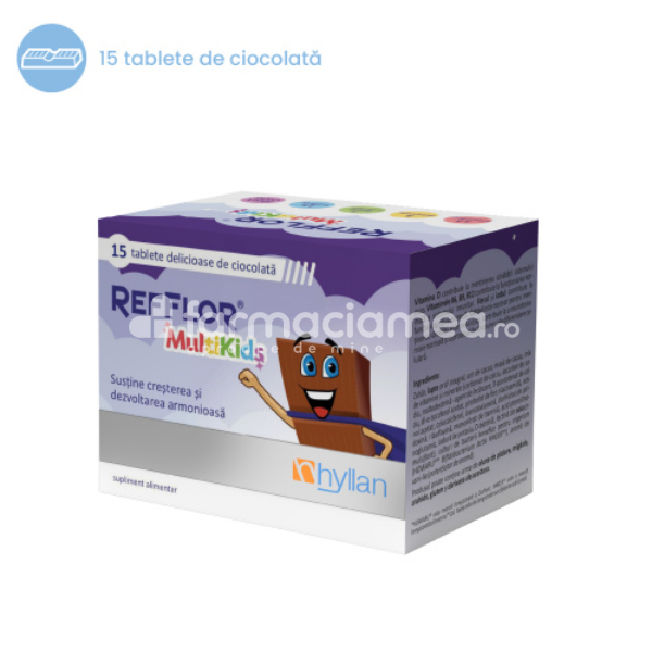 Afecțiuni ale sistemului digestiv - Refflor Multikids, 15 tablete masticabile Hyllan, farmaciamea.ro